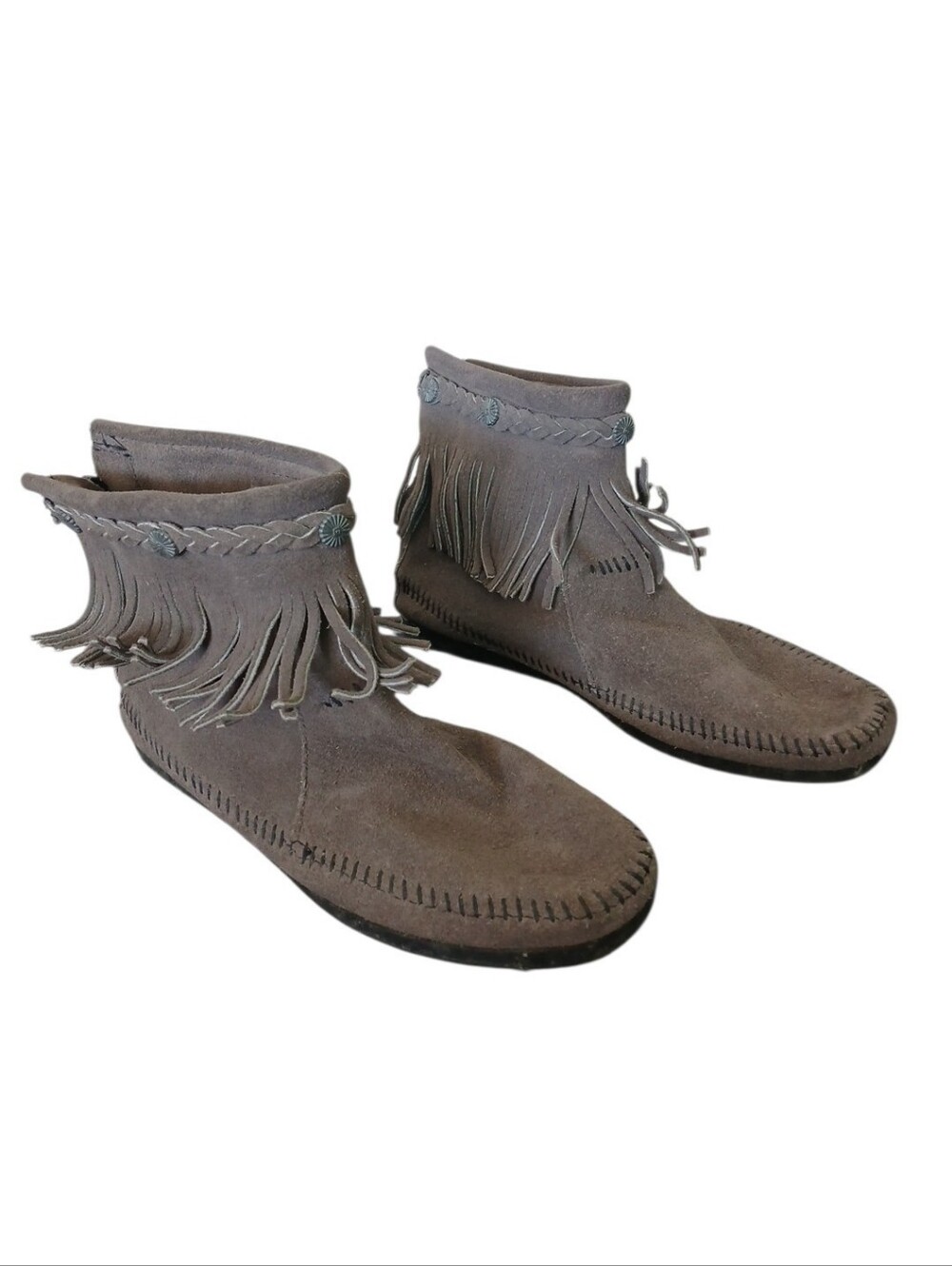 Minnetonka Gray Suede Fringe Zip Ankle Moccasins Size10